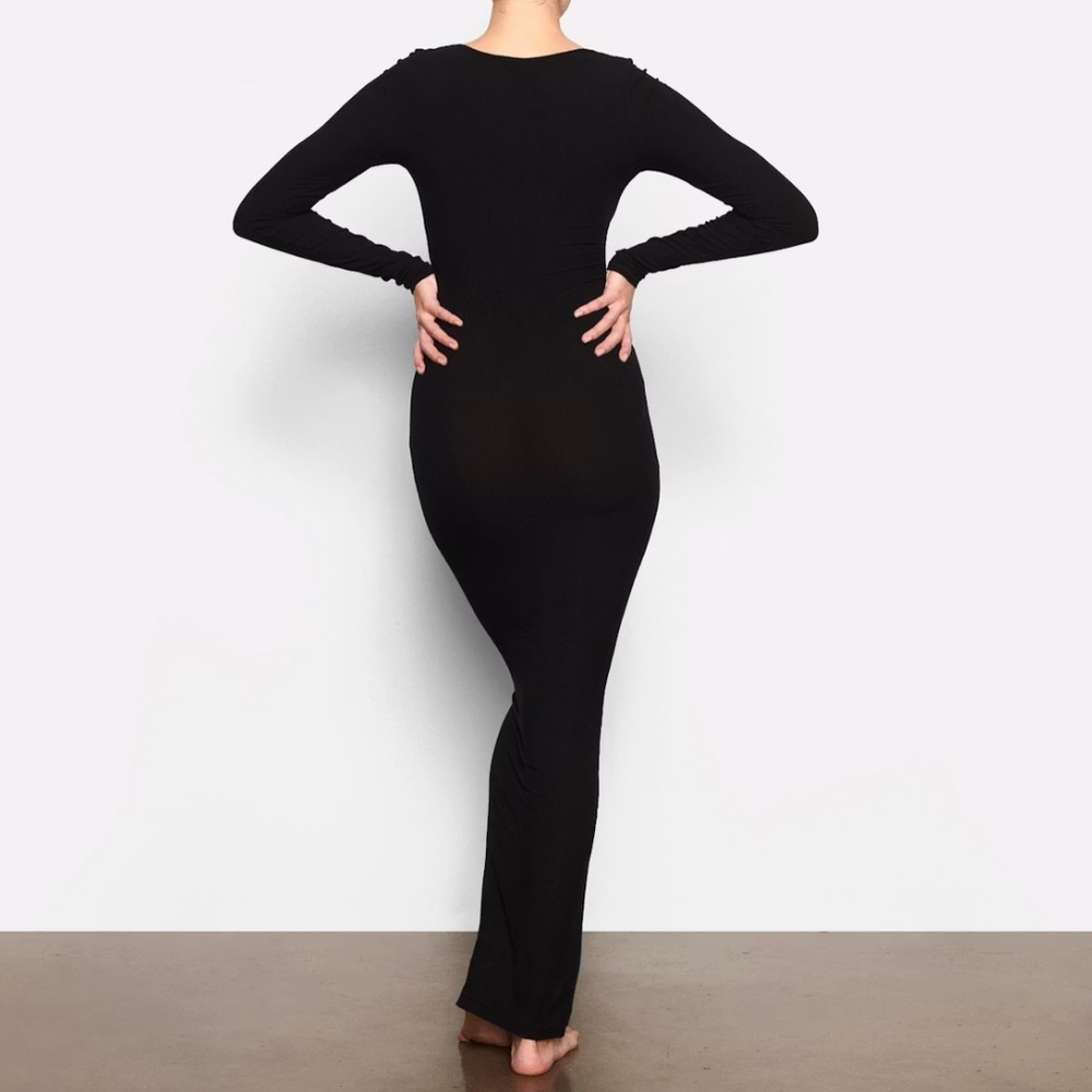 Skims Soft Lounge Long Sleeve Maxi Dress Square Neck Black Onyx Large Stretchy - Picture 2 of 7